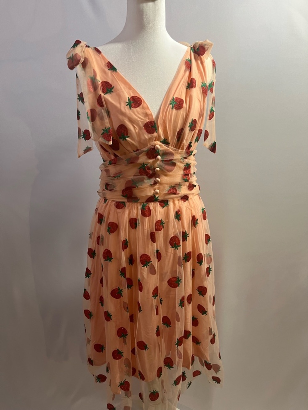 Peach Strawberry Print V-Neck Midi Dress with Shoulder Bows